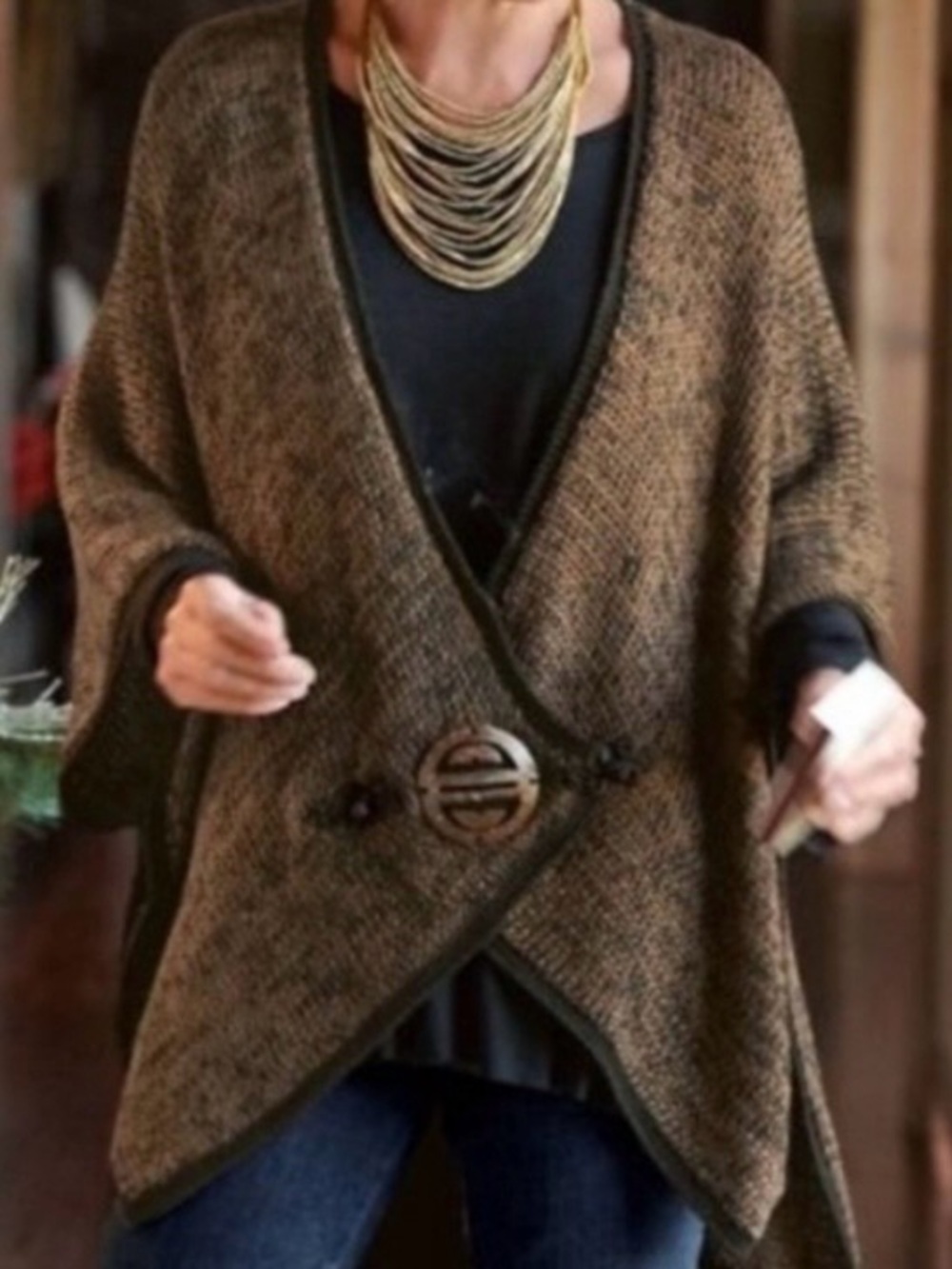 Women's Brown Knit Poncho/cape Sweater with Decorative Closure
